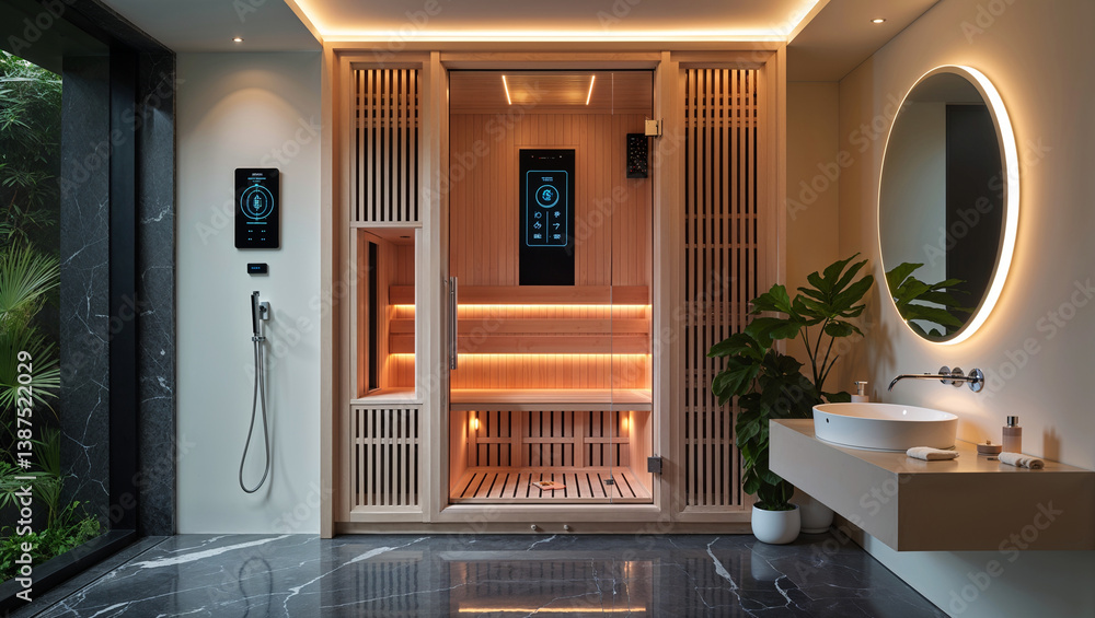Modern Luxury Bathroom With Wooden Sauna Interior And Marble Flooring ...
