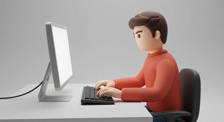3D rendered illustration of a man sitting at a desk and working on a computer.