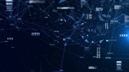 Aufkleber - Futuristic Technology Background Design. Plexus Digital Blue Color Dots, Line, Triangle, Binary Number Data Flowing Connection Structure on HUD System. Abstract 3D 4K Motion