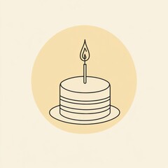Poster - Simple outline logo design of a birthday cake with a lit candle on a warm gold and pastel background celebrating special occasions and joyful moments