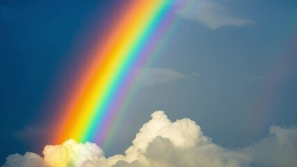 Poster - A vibrant rainbow arcing through fluffy, sunlit clouds, wonder, phenomenon