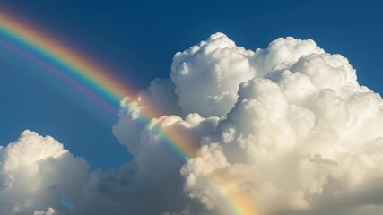 Poster - A vibrant rainbow arcing through fluffy, sunlit clouds, wonder, phenomenon