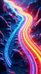 Aufkleber - A vibrant, abstract representation of flowing light trails in a digital landscape