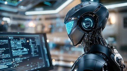 Wall Mural - a futuristic robotic humanoid with glowing blue eyes, scanning data in an advanced ai lab.