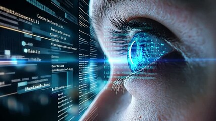 Wall Mural - a futuristic robotic humanoid with glowing blue eyes, scanning data in an advanced ai lab.