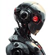 © jambulart - Futuristic cyborg robot portrait with red eye against a white background.
