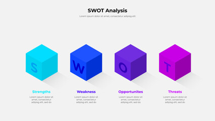 Poster - Colorful cubes representing a SWOT analysis, depicting strengths, weaknesses, opportunities, and threats in a business or organizational context with a clean and modern design
