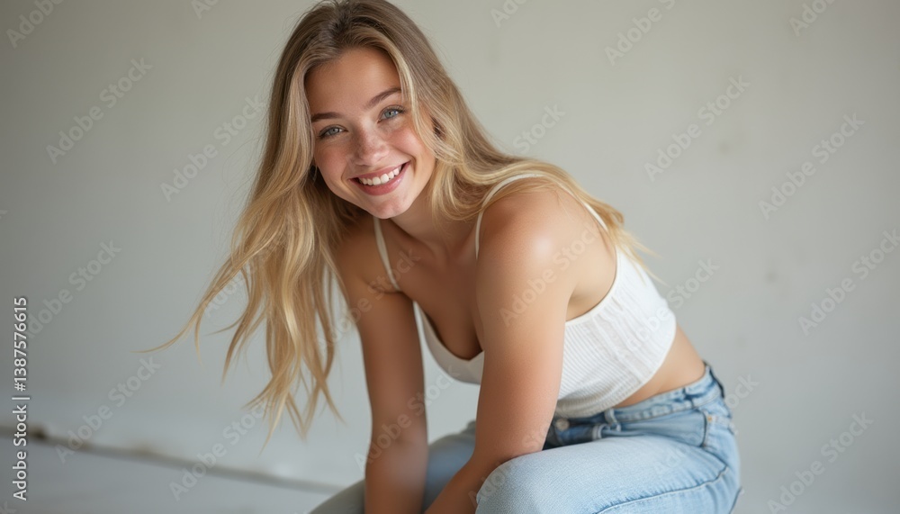 A cheerful young woman with long, flowing blonde hair beams with joy, dressed in a simple white tank top and light blue jeans. Her infectious smile and relaxed pose create an inviting atmosphere