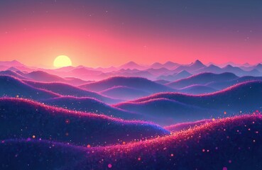 Leinwandbilder - Futuristic pixel art landscape with colorful flowing waves and dynamic light effects creating a serene digital art background. Dreamlike art evokes fantasy, imagination, high-colored vision.