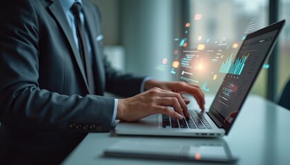 Leinwandbilder - Business pro works laptop office. Charts graphics data analysis on screen. Man in suit works online, analytics, statistics, research. Modern tech. Project management, internet, cyberspace.