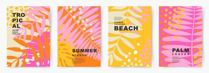 Wall Mural - summer abstract cards set with bright tropical leaves pattern. vector minimalistic design templates 