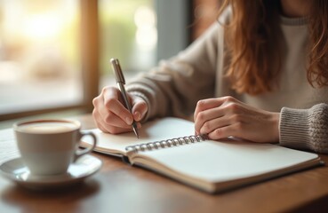 Aufkleber - Woman writes on blank notebook at wooden table. Pen in hand, coffee cup on saucer. Natural light, cozy atmosphere. Journaling concept with a drink in the morning.