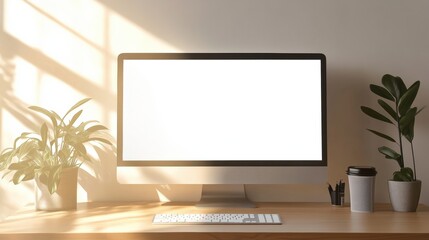 Poster - Sleek desktop monitor displaying bright white screen on minimalistic workspace with soft shadows and plants in a professional setting