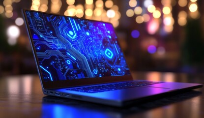 Laptop on table displaying vibrant futuristic circuit board graphic