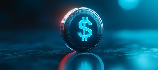 Poster - Digital blue glowing dollar coin. Digital currency payment transaction. Generative AI technology.	
