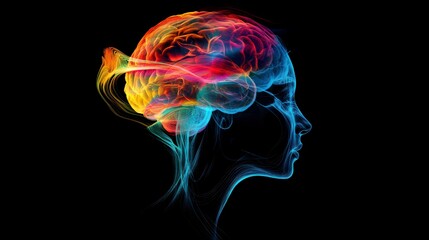Aufkleber - Colorful brainwave energy emanating from a woman's head, profile view, against a black background.