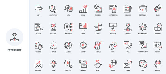 Wall Mural - business project and enterprise, ideas and communications in workflow line icon set. system structur