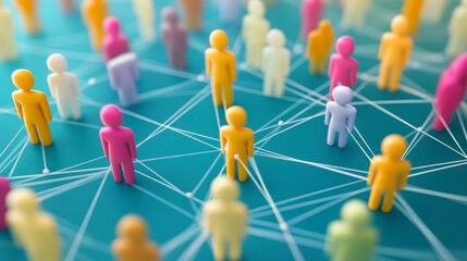Poster - Colorful figures interconnected by a network of lines on a teal surface, representing social connections or network.