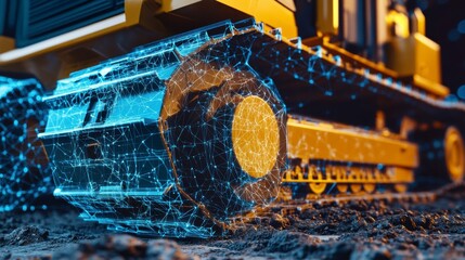 Aufkleber - Close-up of bulldozer track with digital network overlay.