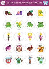  Find the odd one out. Fairyland logical activity for kids. Magic forest educational quiz worksheet for attention skills. Printable game with cute fairy attributes, fantasy animals, fairytale objects