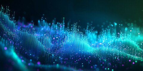 Abstract blue and teal glowing particles form a dynamic wave, suggesting energy, technology, or data flow, ideal for tech or science concepts