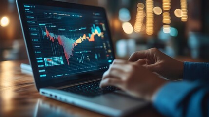 Poster - Close-up of hands using laptop displaying stock market data at night.