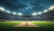 © miss irine - Cricket stadium with wicket and green field. Professional sport arena full of spectators, spectators watching game. Competition, sport, recreation, entertainment background.