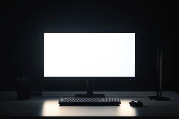 Fototapete - Sleek desktop monitor with bright white screen in a minimalistic workspace featuring soft shadows and a professional style