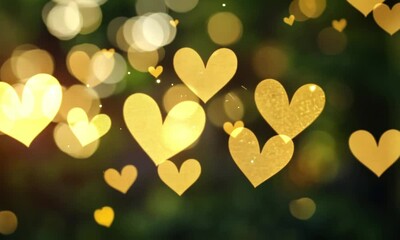 Wall Mural - romantic animation of glowing heart shapes cascading over blurred floral backdrop floating delicatel