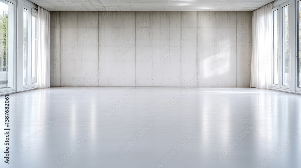 A minimalist room features a smooth, white floor and a large concrete wall. Floor-to-ceiling windows with sheer curtains flank the wall. The high-resolution image is brightly lit, showcasing a clean,