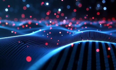 Wall Mural - Blue and Red Dots Flickering Rhythmically Spreading Across a Dark Textured Surface in Abstract Waves Made with Generative AI Technology