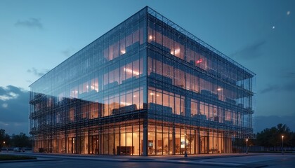 Poster - Modern glass office building futuristic design, connectivity. Architecture, construction, innovation central themes. Digital overlay, cloud, cyberspace. Building growth, sustainable, smart tech