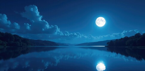 Wall Mural - Cloudy sky with a few puffy white clouds reflects full moon on lake, night sky, serene, atmospheric