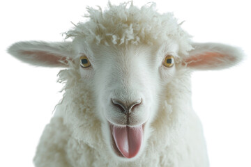 close-up portrait of a playful sheep with its tongue out, eyes wide open, and a soft white wool coat