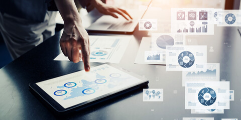 Poster - Women using digital devices and digital data concept