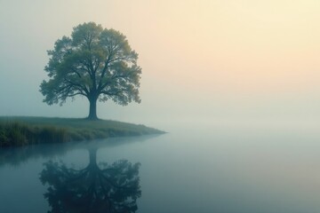 Wall Mural - Serene scene of isolated tree in mist by lake, mist, peaceful
