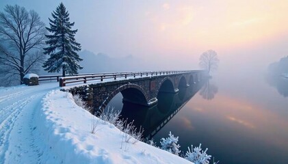 Wall Mural - Snow-covered bridge with morning fog rolling in, bridge, landscape