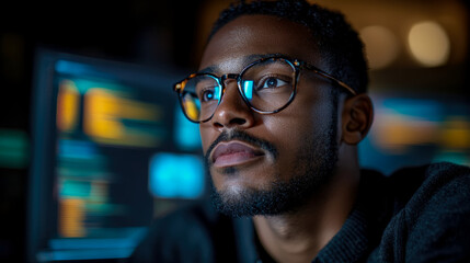 Intense Focus: Black Programmer Coding, Headshot with Screen Reflection