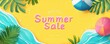 © Vladislav - Paper cut-style summer sale banner with beach ball, palm leaves, and sea waves on a yellow background. Top view with large text 'Summer Sale'. Flat lay.