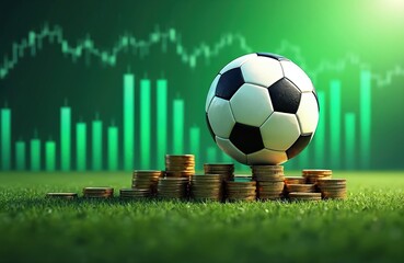 Poster - Football soccer ball stands coins stack on grass. Financial market chart in background. Gambling, betting on sports matches, online betting, winning money concept. Financial success in sport.