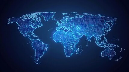 abstract blue world map with hexagonal pattern on a dark background, symbolizing global connectivity