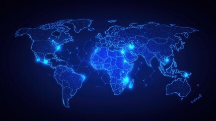 abstract blue world map with hexagonal pattern on a dark background, symbolizing global connectivity