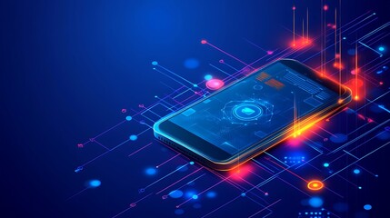 Smartphone interface glowing with circuits and data in blue and orange hues