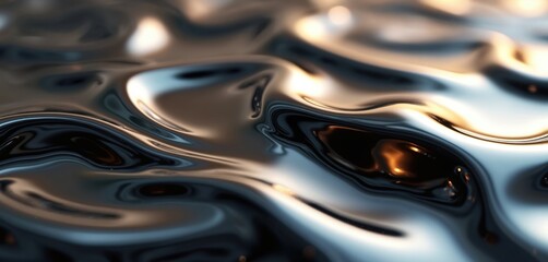 Poster - Abstract 3D rendering of liquid silver metallic texture. Glossy chrome background with smooth, wavy, fluid lines. Modern design with futuristic aesthetic. Perfect for tech, industrial, luxury themes.