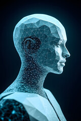 Fototapete - A digital rendering of a human head, constructed from glowing geometric lines, against a dark background