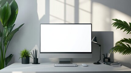 Poster - Sleek desktop monitor in a minimalistic workspace with soft shadows and professional design elements