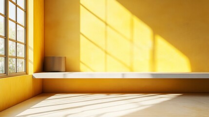 Poster - Sunny yellow room interior with window, shelf, and sunlight shadows.