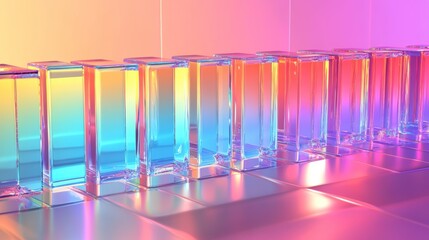 Poster - Row of colorful glass blocks reflecting vibrant light on a shiny surface.