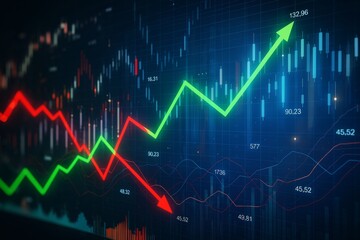 Fototapete - Green upward and red downward arrows on financial stock chart background showing market index volatility and investment trend concept.