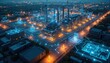 © miss irine - Futuristic industrial tech concept of smart factory. Factory automation, industry 4. 0. Communication network, ai analysis, sensor data, industrial zone. Night view of power plant, modern production,